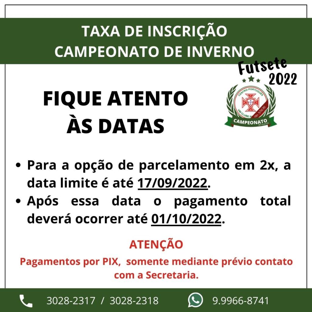 Taxa de Inscrição Campeonato de Inverno. Fut Sete - 2022